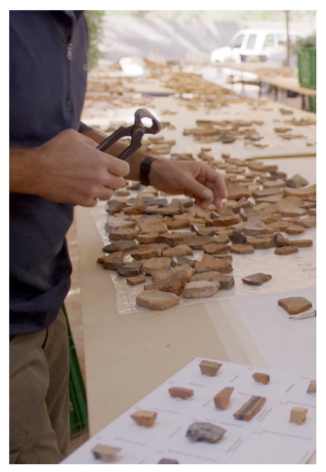 Archaeologist sorting ceramic fragments